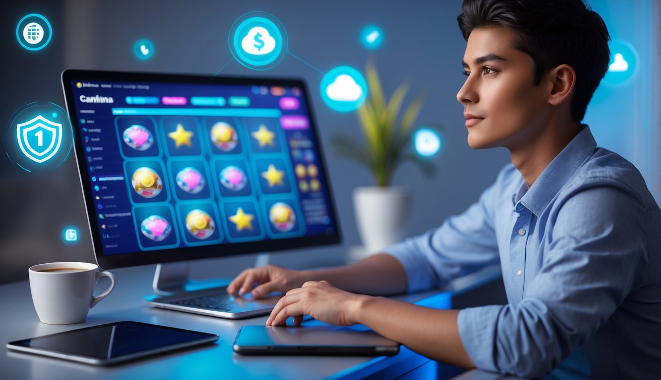 Seorang pemuda duduk di meja dengan laptop terbuka menampilkan situs judi online yang aman, di ruangan dengan pencahayaan lembut dan elemen teknologi di latar belakang.