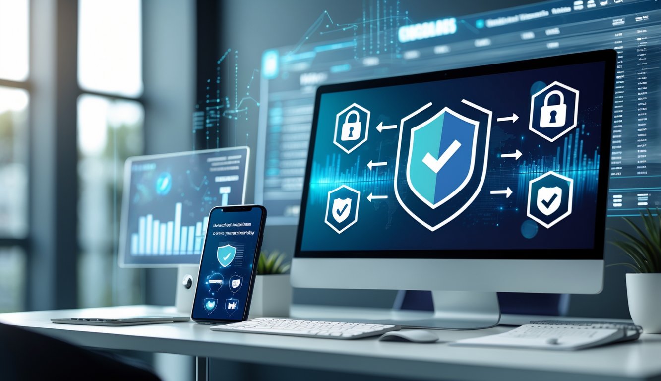 Meja kerja modern dengan komputer menampilkan situs judi online yang aman dan perangkat teknologi di sekitarnya.