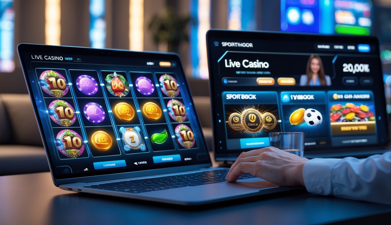 Seseorang sedang menggunakan komputer dengan tampilan permainan slot, kasino langsung, dan taruhan olahraga di layar.