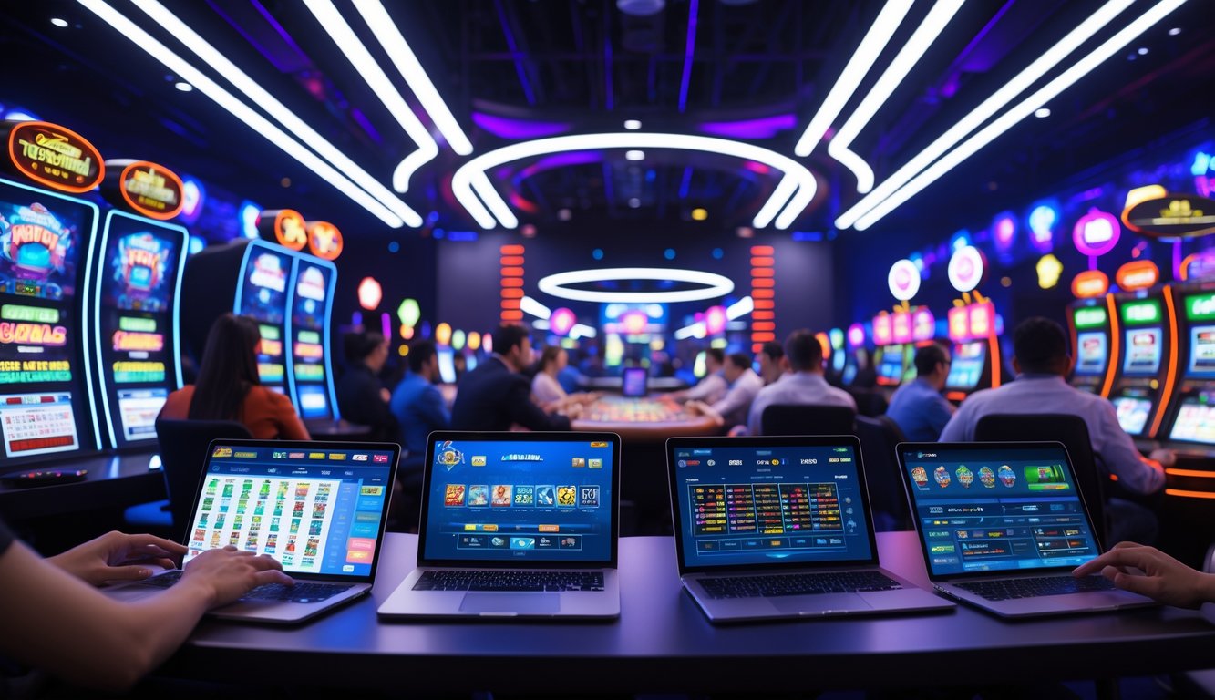 Orang-orang menggunakan perangkat digital untuk bermain game slot, kasino langsung, dan taruhan olahraga secara online dalam lingkungan kasino modern.