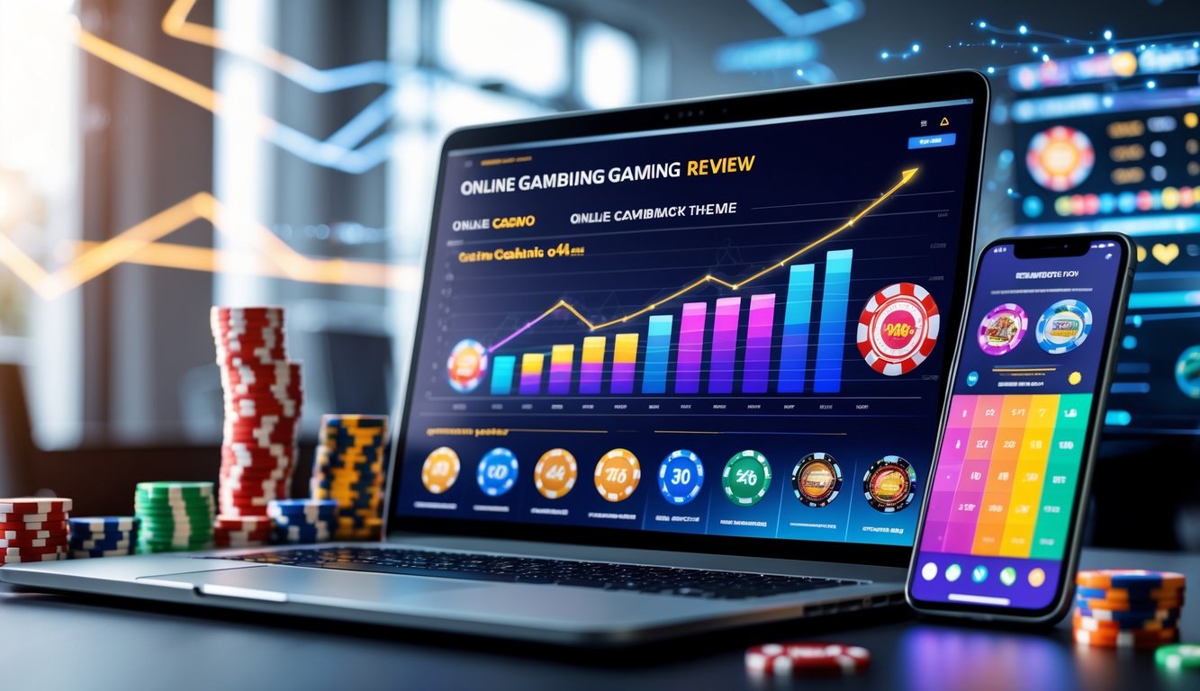 Meja kerja modern dengan laptop, chip poker, kartu remi, dan ponsel yang menampilkan aplikasi kasino dalam suasana kantor yang terang dan rapi.