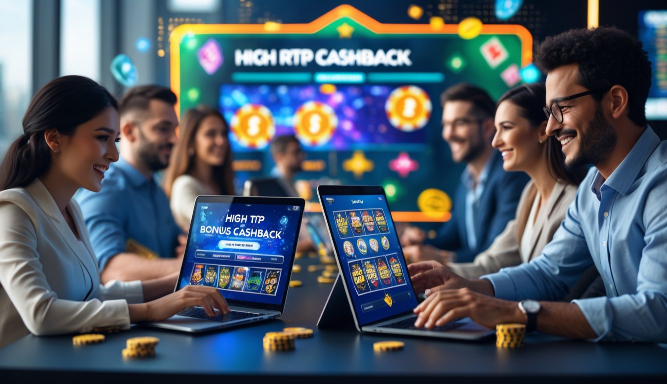 Sekelompok orang menggunakan perangkat digital untuk bermain dan meninjau permainan judi online di lingkungan modern.