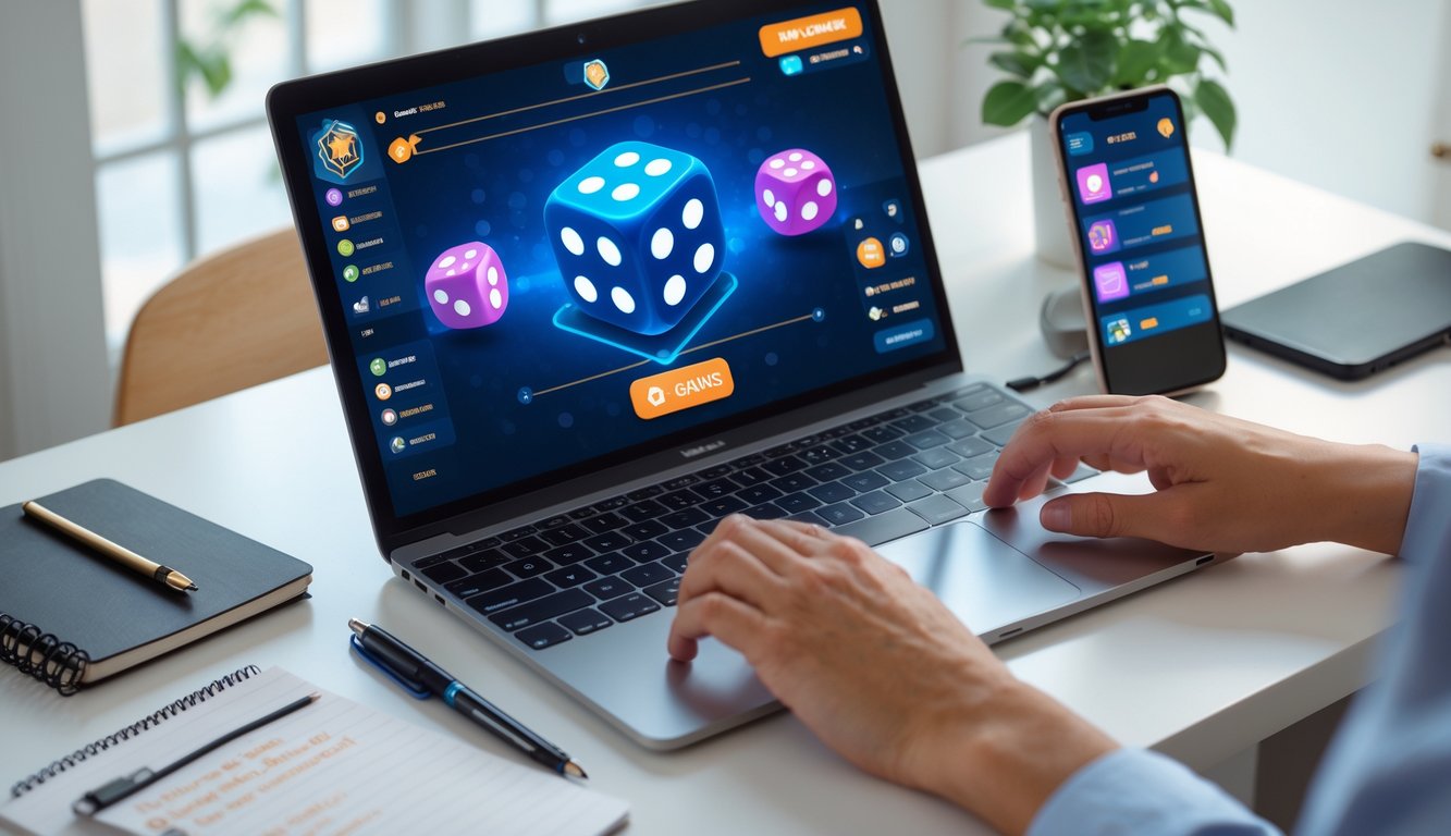 Seseorang bermain permainan dadu online menggunakan laptop di meja kerja dengan catatan dan ponsel di sekitarnya.