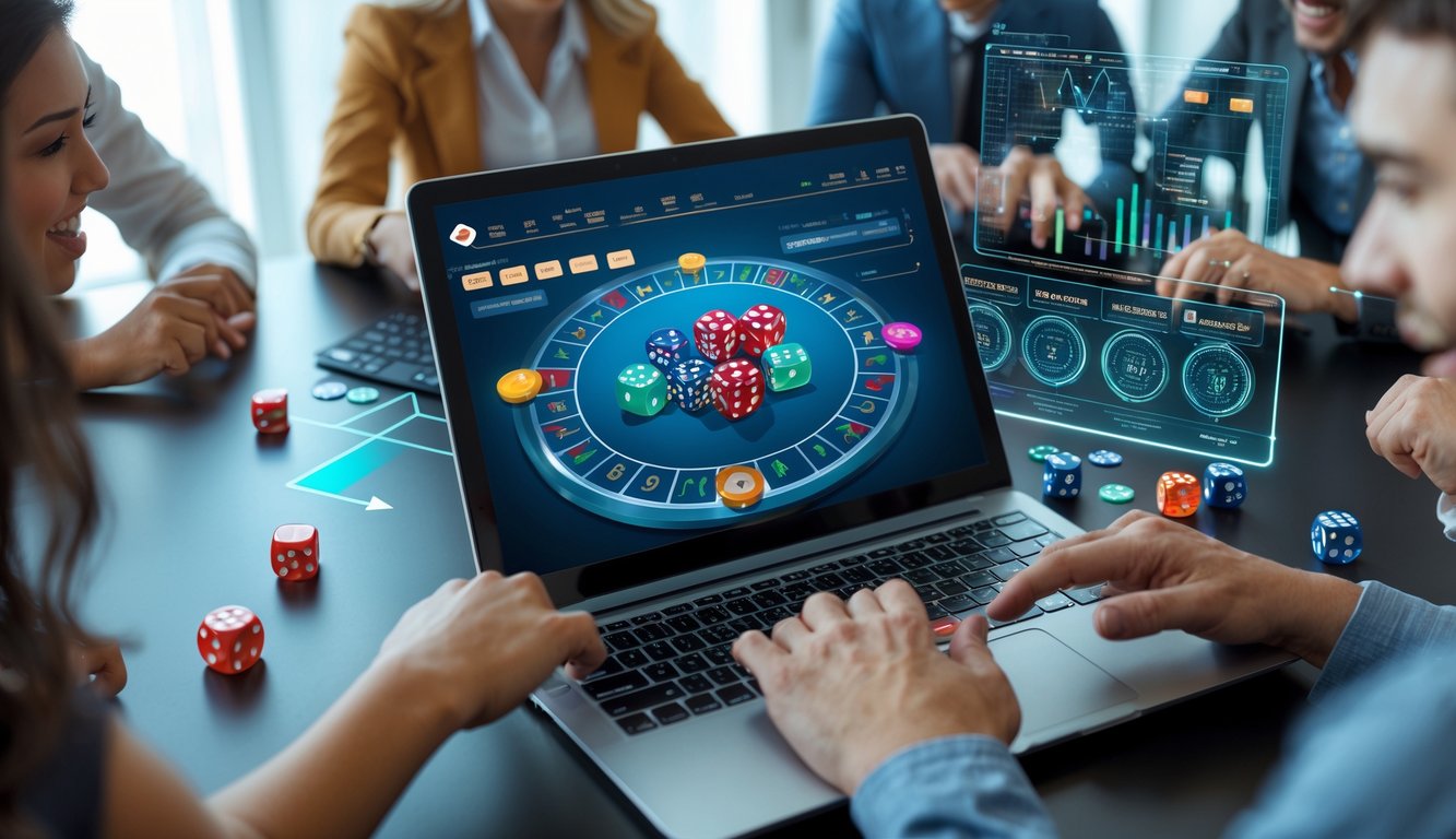 Beberapa orang sedang bermain judi dadu online di depan laptop dengan tampilan permainan digital dan elemen futuristik di sekitar mereka.