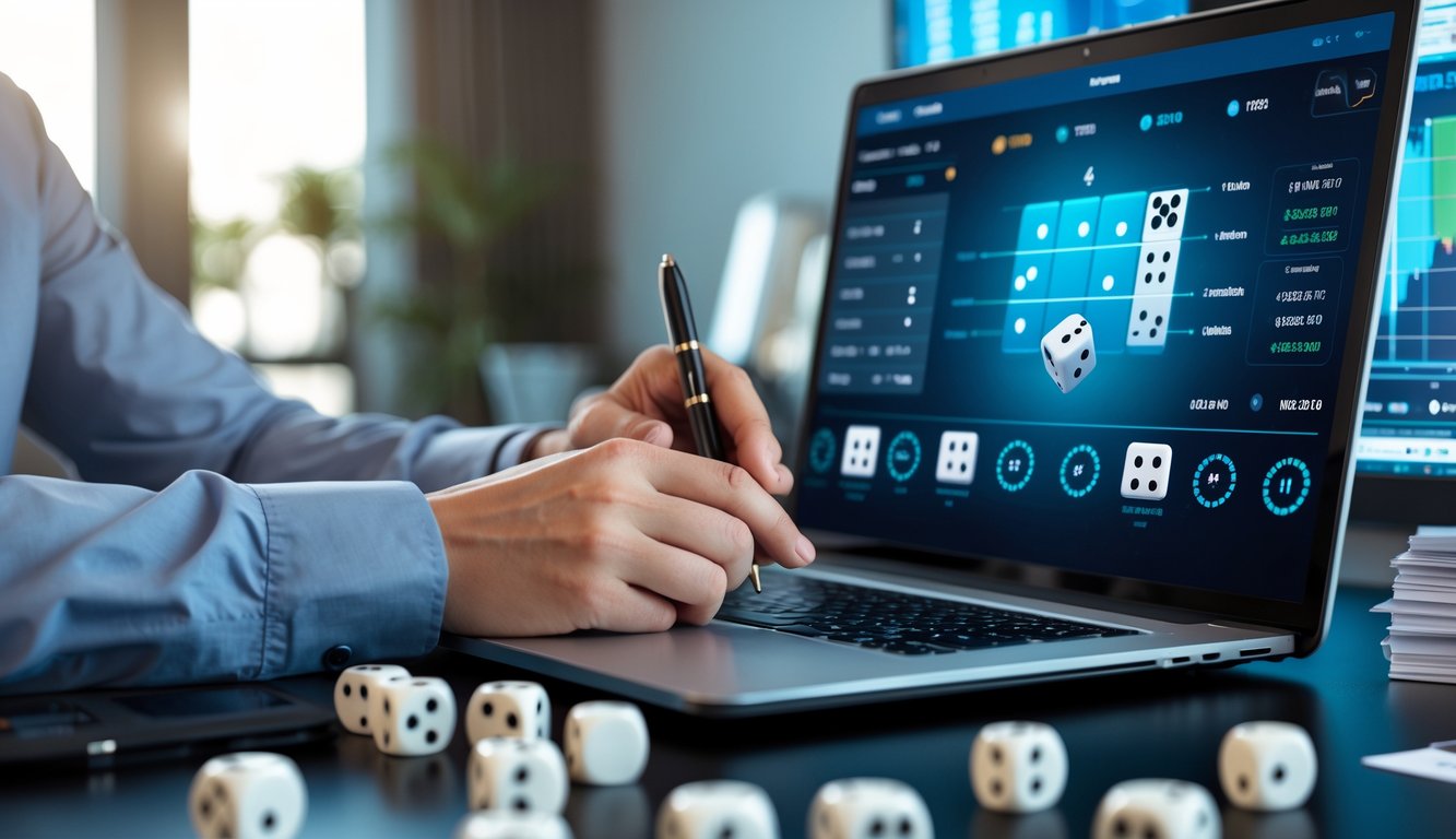Seorang pria berpakaian kasual rapi sedang menganalisis permainan dadu online di depan laptop dengan grafik dan dadu di meja.