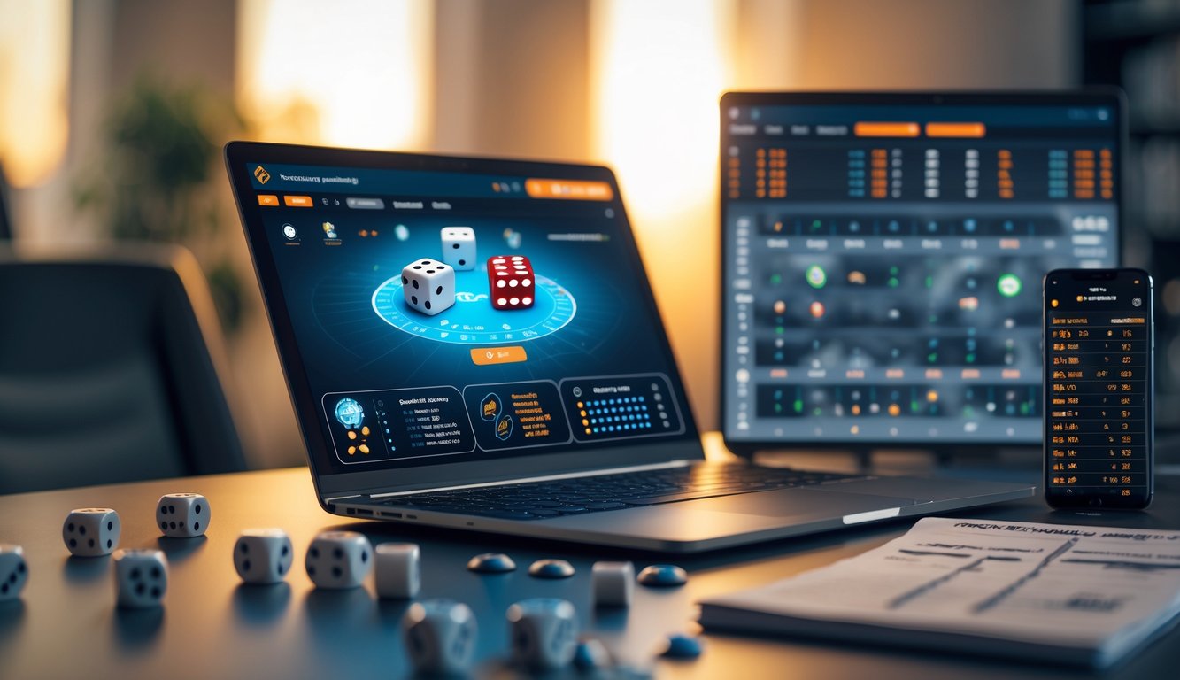 Seorang pria sedang menggunakan laptop dengan permainan dadu virtual di layar, di meja terdapat dadu fisik, buku catatan dengan grafik, dan ponsel yang menampilkan statistik.