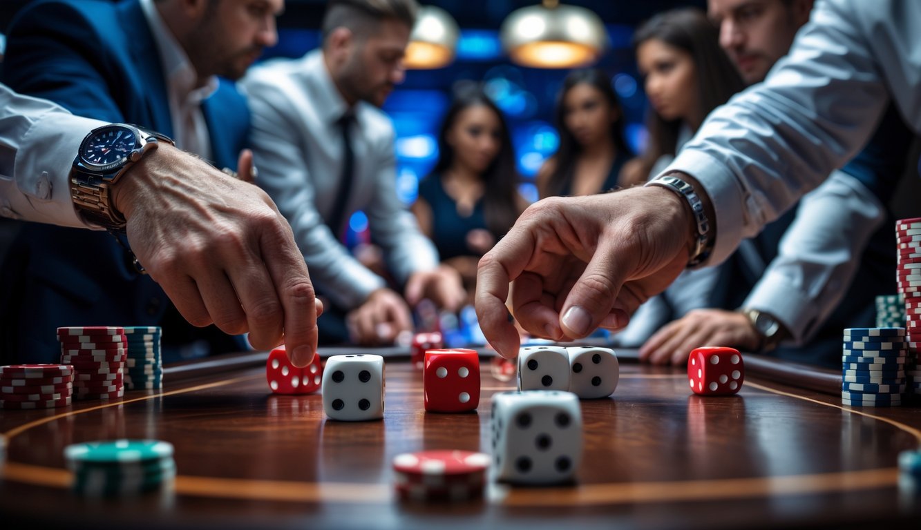 Beberapa pemain berjudi dadu dengan fokus di meja kayu di dalam kasino.