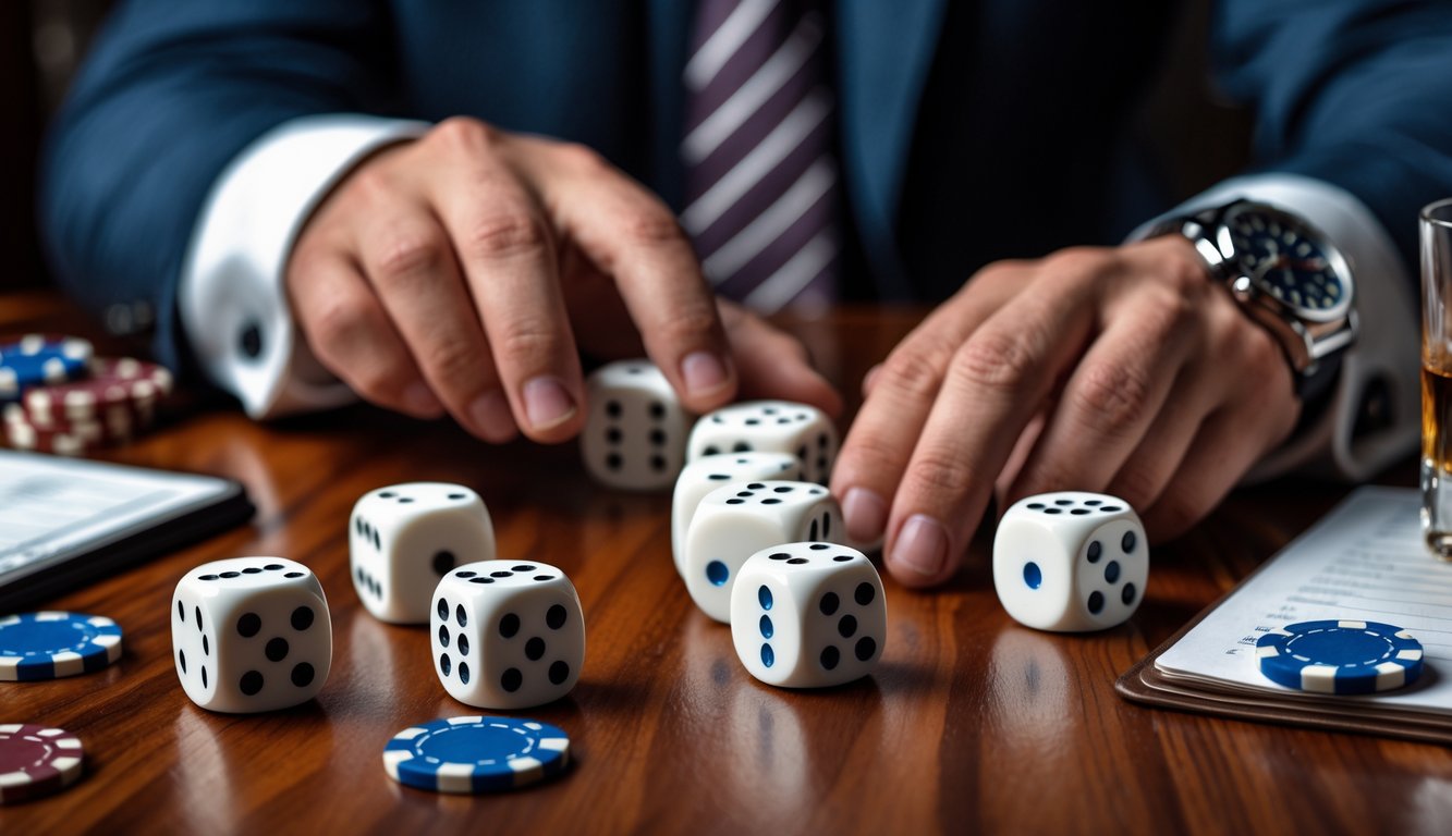 Tangan berpengalaman sedang mengatur dadu di atas meja kayu dengan beberapa dadu tersebar di sekitarnya.