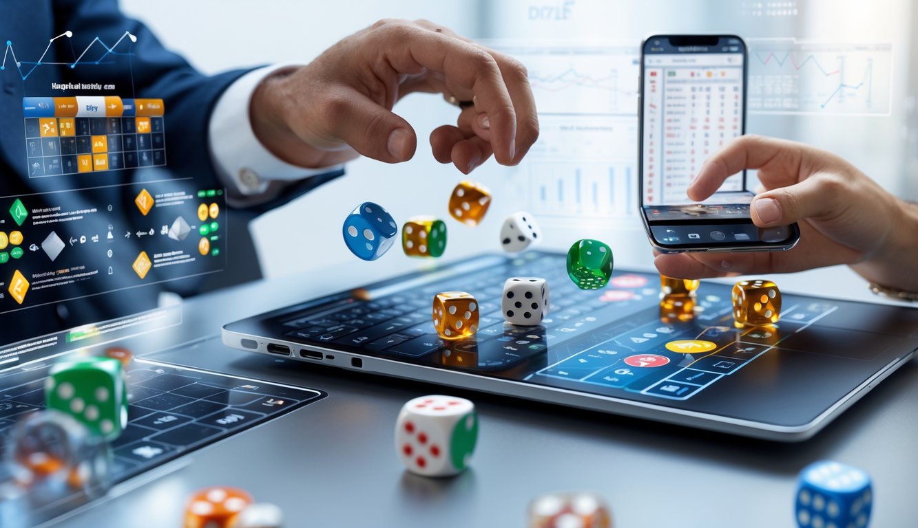 Seseorang menggunakan laptop dan ponsel untuk bermain judi dadu online dengan tampilan pola taruhan dan statistik di layar.