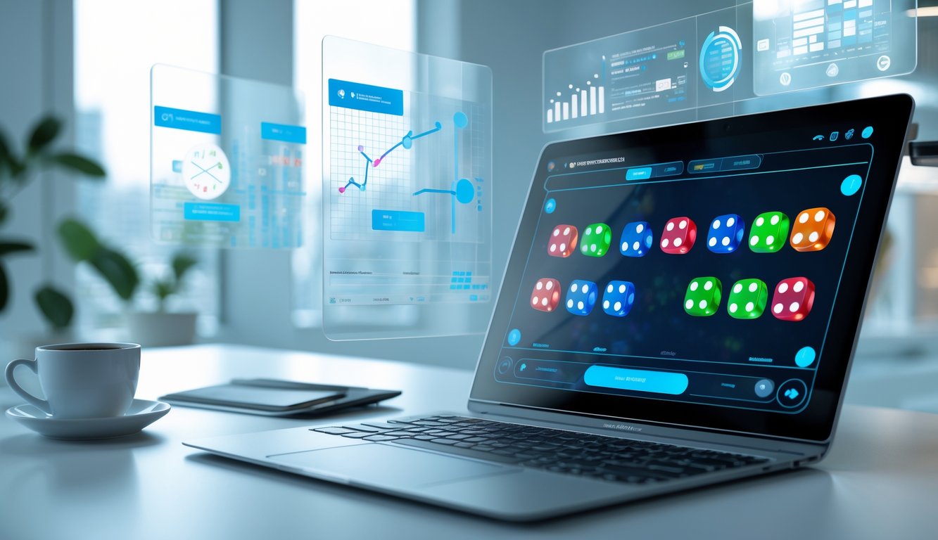 Sebuah meja kerja modern dengan perangkat digital yang menampilkan permainan dadu online dan grafik pola taruhan.