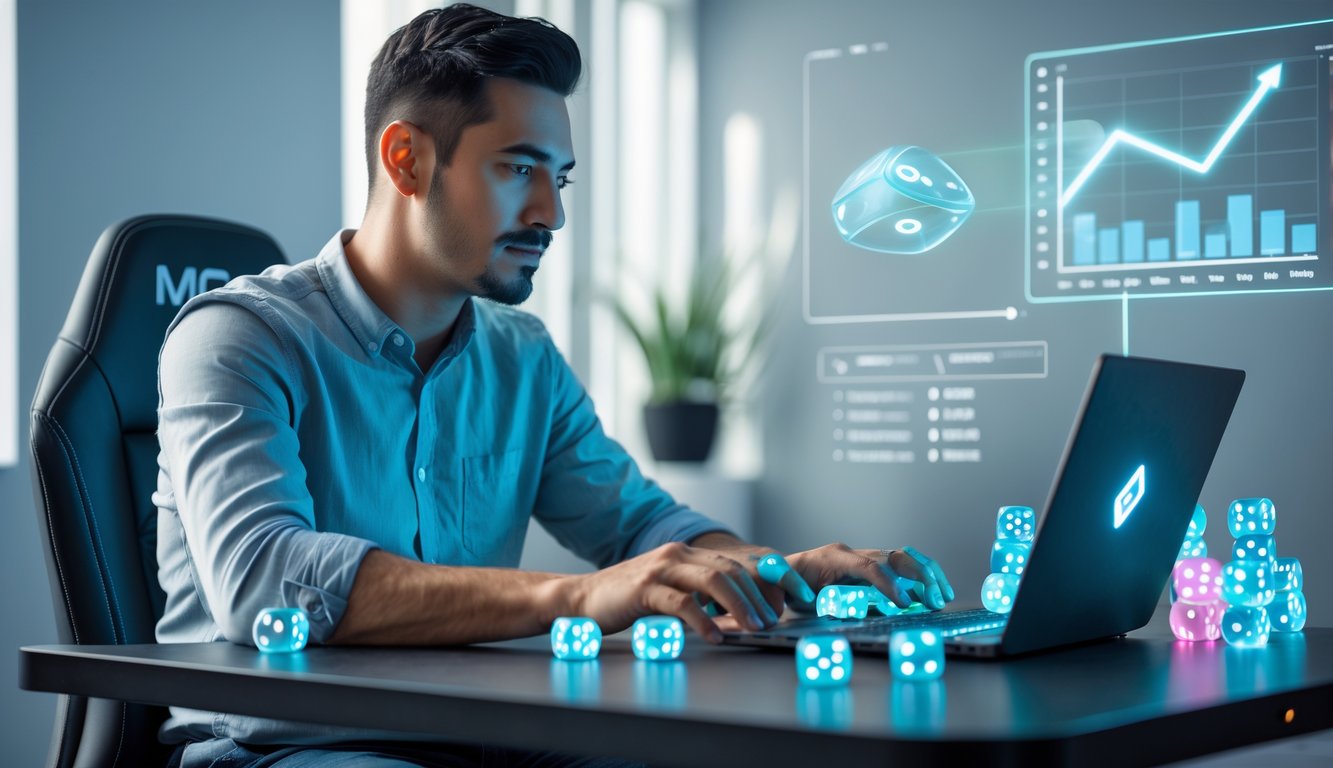 Seorang pria duduk di meja permainan modern, fokus bermain permainan dadu online di laptop dengan ekspresi serius dan lingkungan yang tenang.