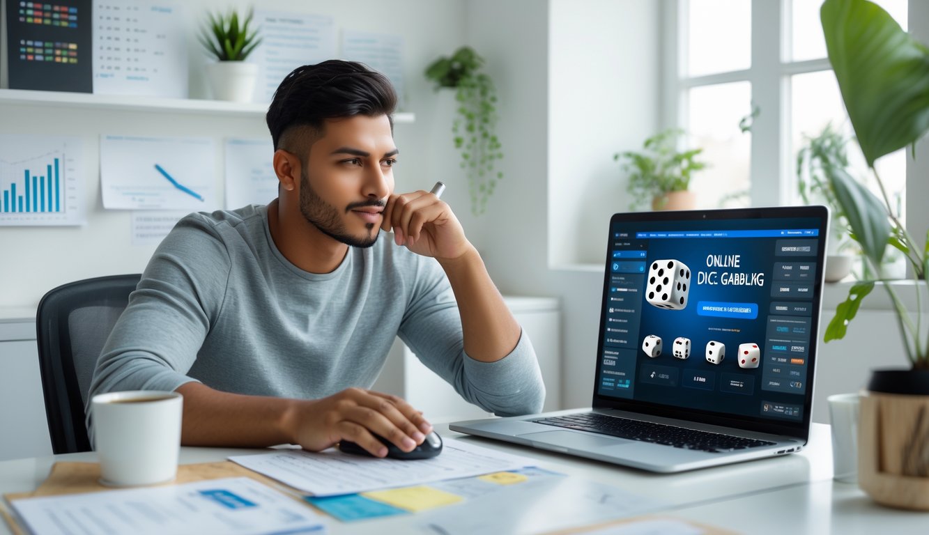 Seorang pria muda duduk di meja dengan laptop terbuka menunjukkan permainan judi dadu online, fokus merencanakan strategi dengan catatan dan grafik di sekitarnya.