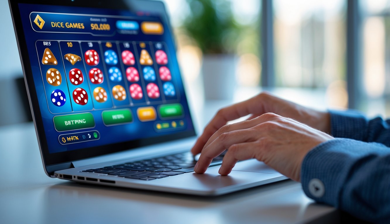 Tangan seseorang menggunakan komputer dengan tampilan permainan dadu online di layar.