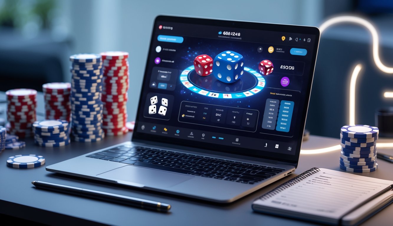 Seorang pemain duduk di depan laptop dengan permainan dadu digital, dikelilingi oleh chip poker dan ponsel, menunjukkan suasana perjudian dadu online.