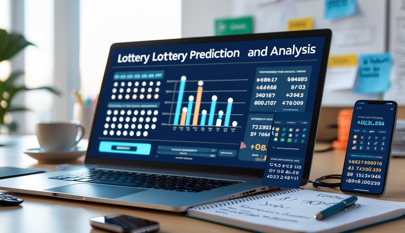 Meja kerja modern dengan laptop, buku catatan, dan ponsel yang menampilkan data dan analisis prediksi angka togel.