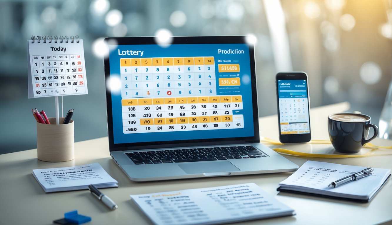 Meja kerja modern dengan laptop, notepad, dan smartphone yang menampilkan data angka togel, suasana fokus dan terorganisir.