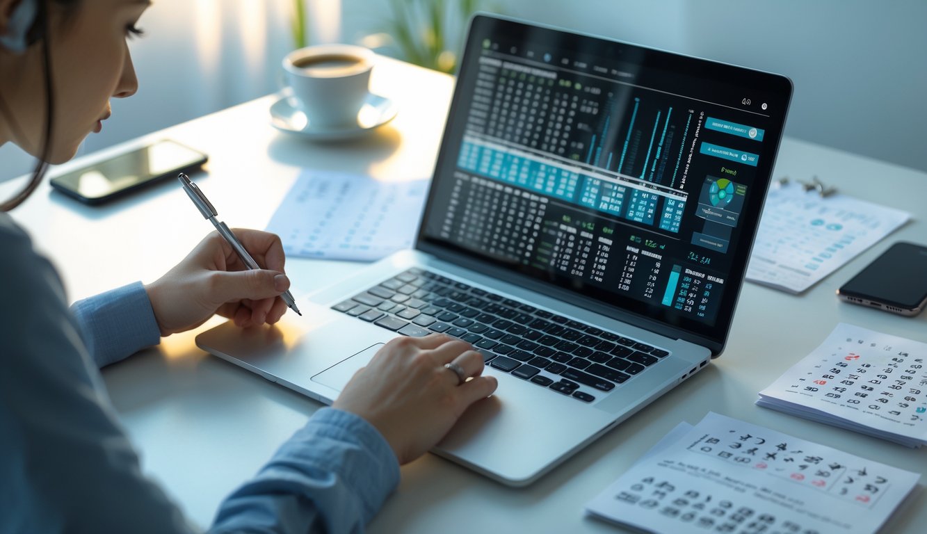 Seseorang sedang duduk di depan laptop dengan data angka dan catatan di meja, terlihat fokus menganalisis prediksi angka togel.