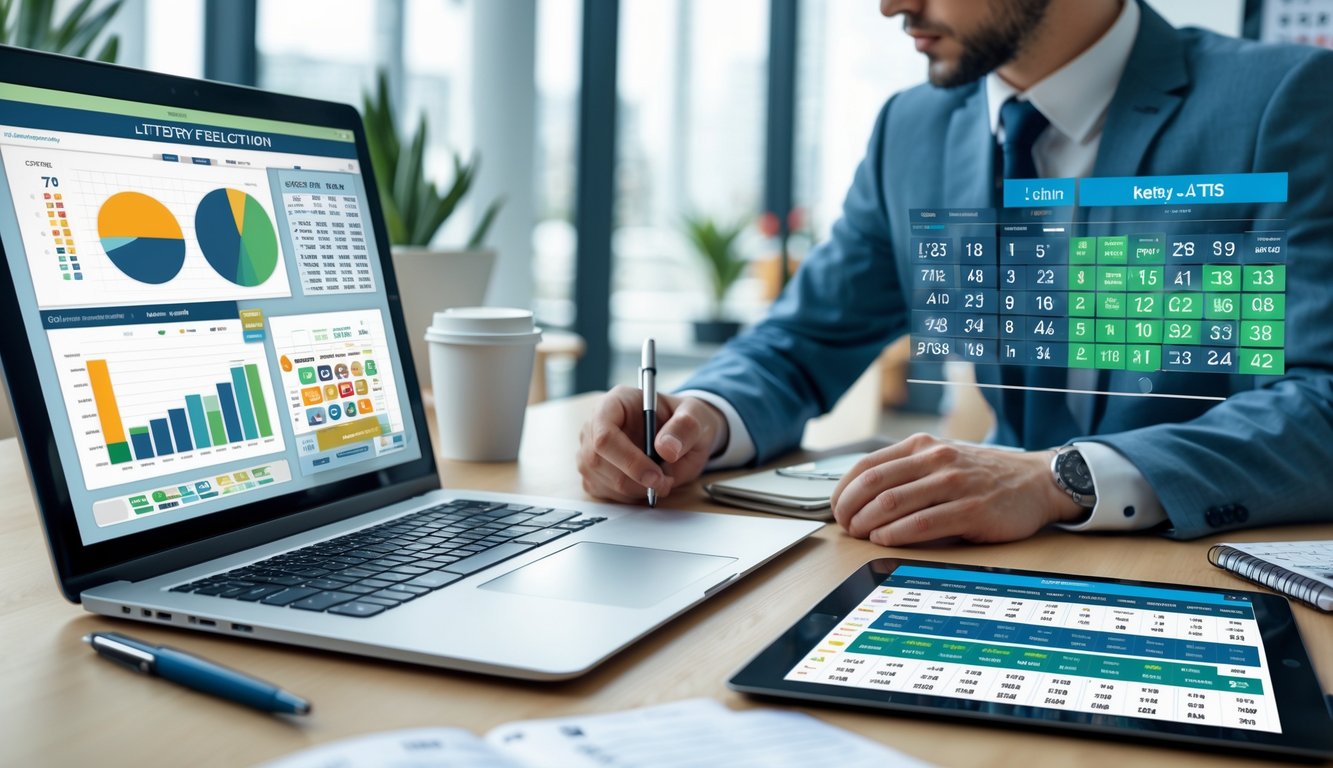Seseorang sedang menganalisis data hasil togel terbaru di ruang kerja modern dengan laptop, catatan, dan tablet.