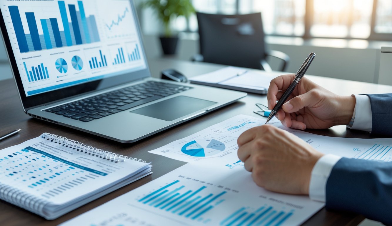 Meja kantor dengan laptop, smartphone, dan kertas data statistik, seseorang sedang menulis catatan di buku.