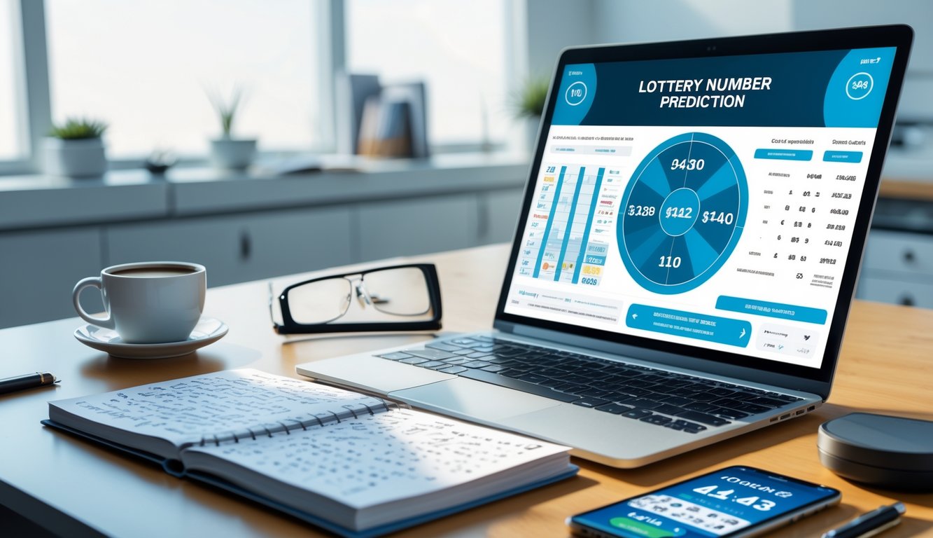 Meja kerja modern dengan laptop, catatan, dan ponsel yang menampilkan analisis angka togel.