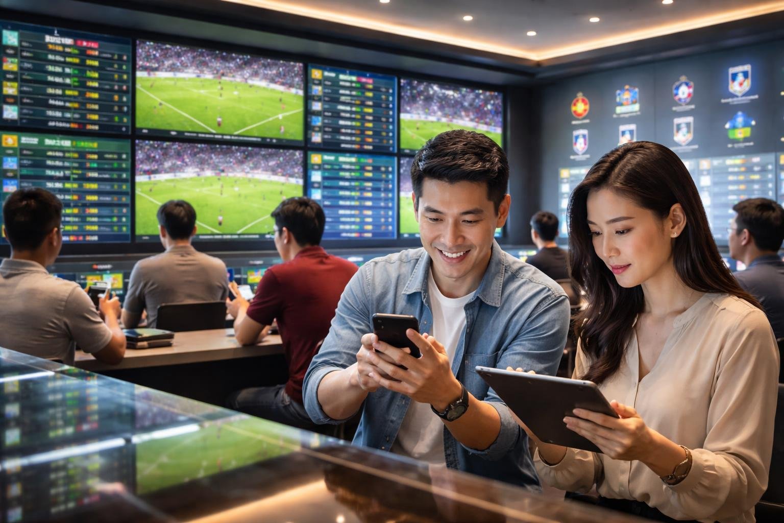 Orang-orang sedang memasang taruhan olahraga dengan layar besar menampilkan pertandingan sepak bola dan peluang taruhan.