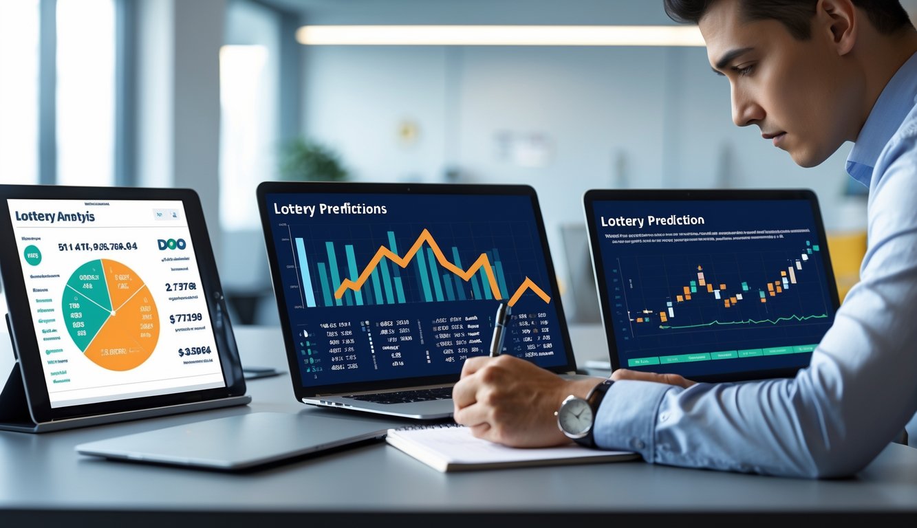 Seorang pria sedang menganalisis data statistik di meja kerja dengan laptop dan tablet yang menampilkan grafik dan angka.