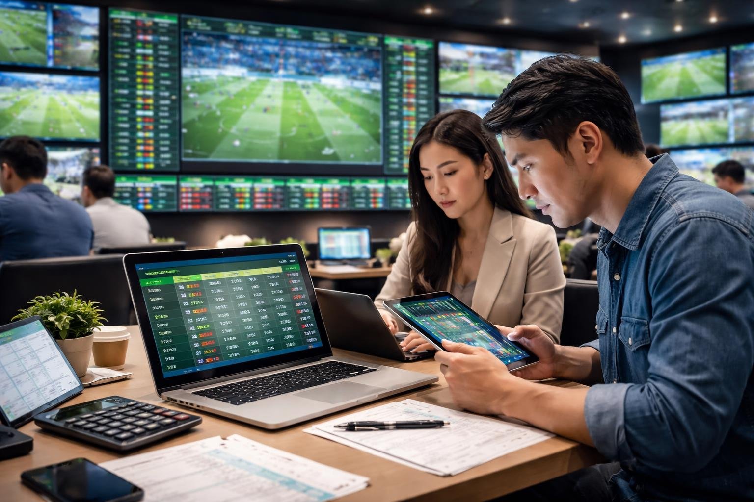 Beberapa orang sedang menganalisis data taruhan Asian Handicap di lingkungan sportsbook dengan layar digital yang menampilkan pertandingan sepak bola.
