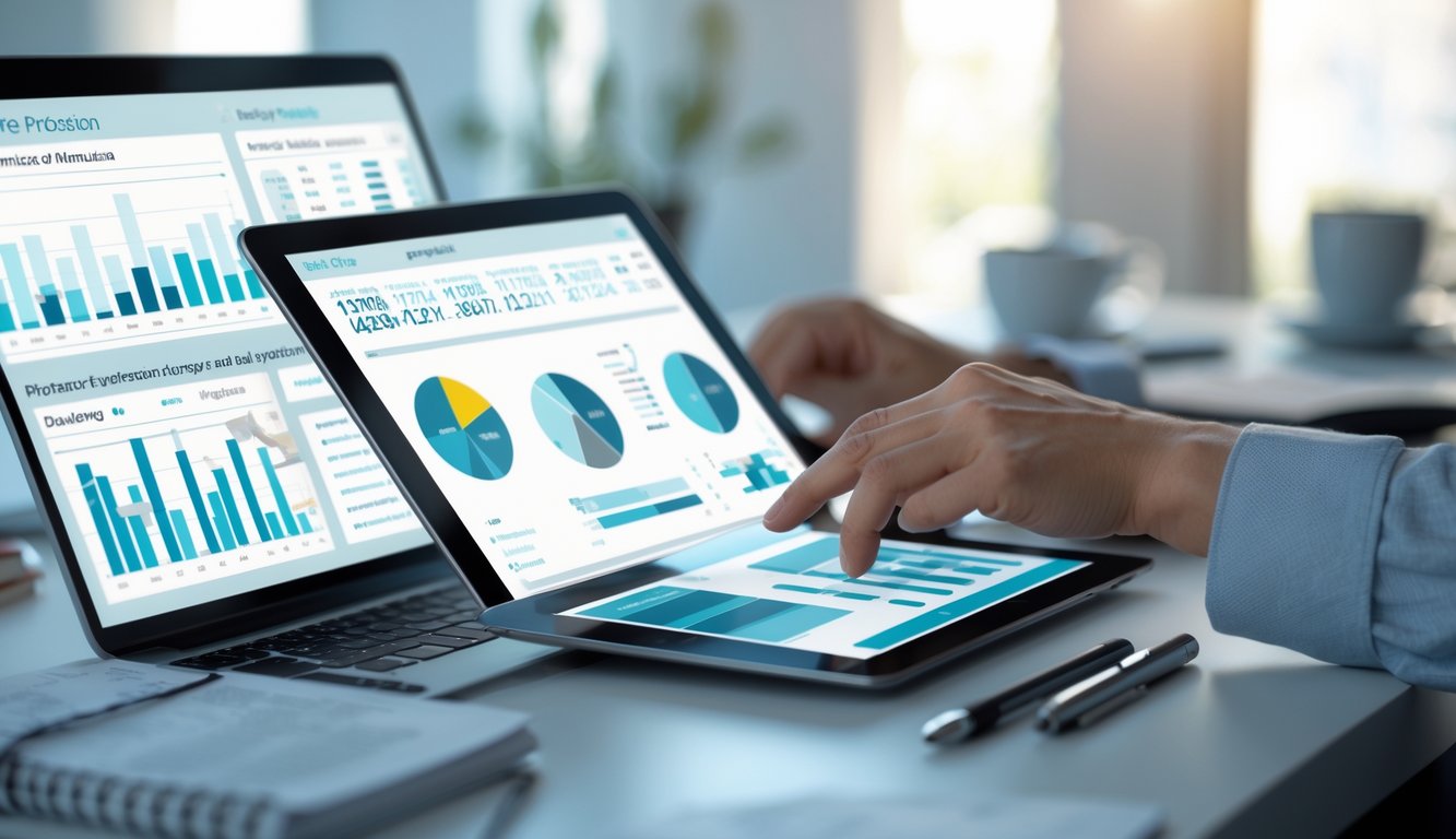 Meja kerja modern dengan perangkat digital yang menampilkan grafik dan data statistik, tangan seseorang sedang menganalisis informasi.