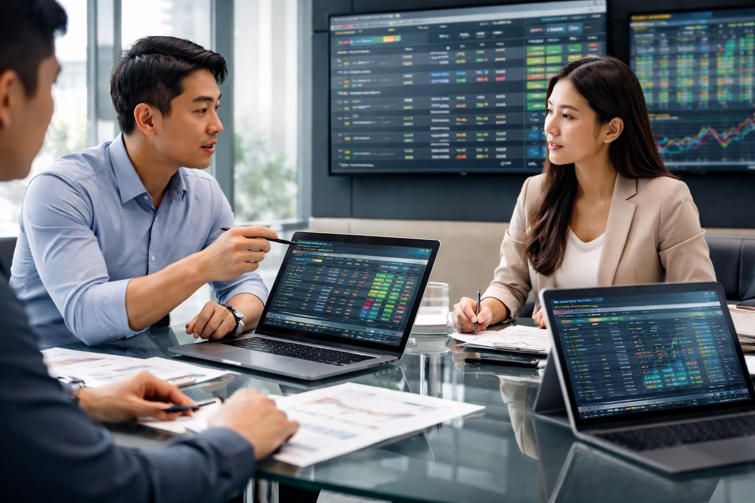 Sekelompok profesional sedang berdiskusi di kantor modern dengan perangkat digital yang menampilkan data dan grafik taruhan Asian Handicap.