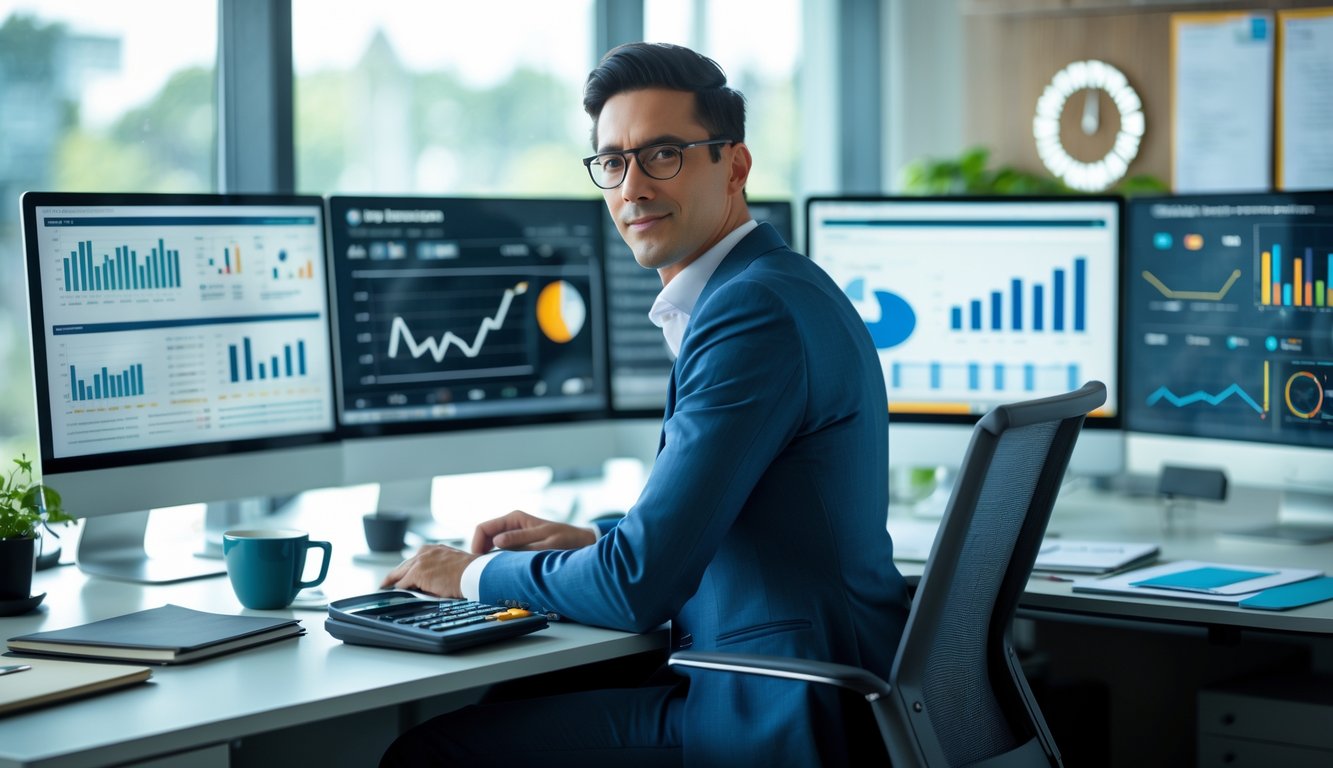 Seorang profesional duduk di meja kerja dengan beberapa layar komputer yang menampilkan grafik dan data angka, di ruang kantor yang terang dan rapi.