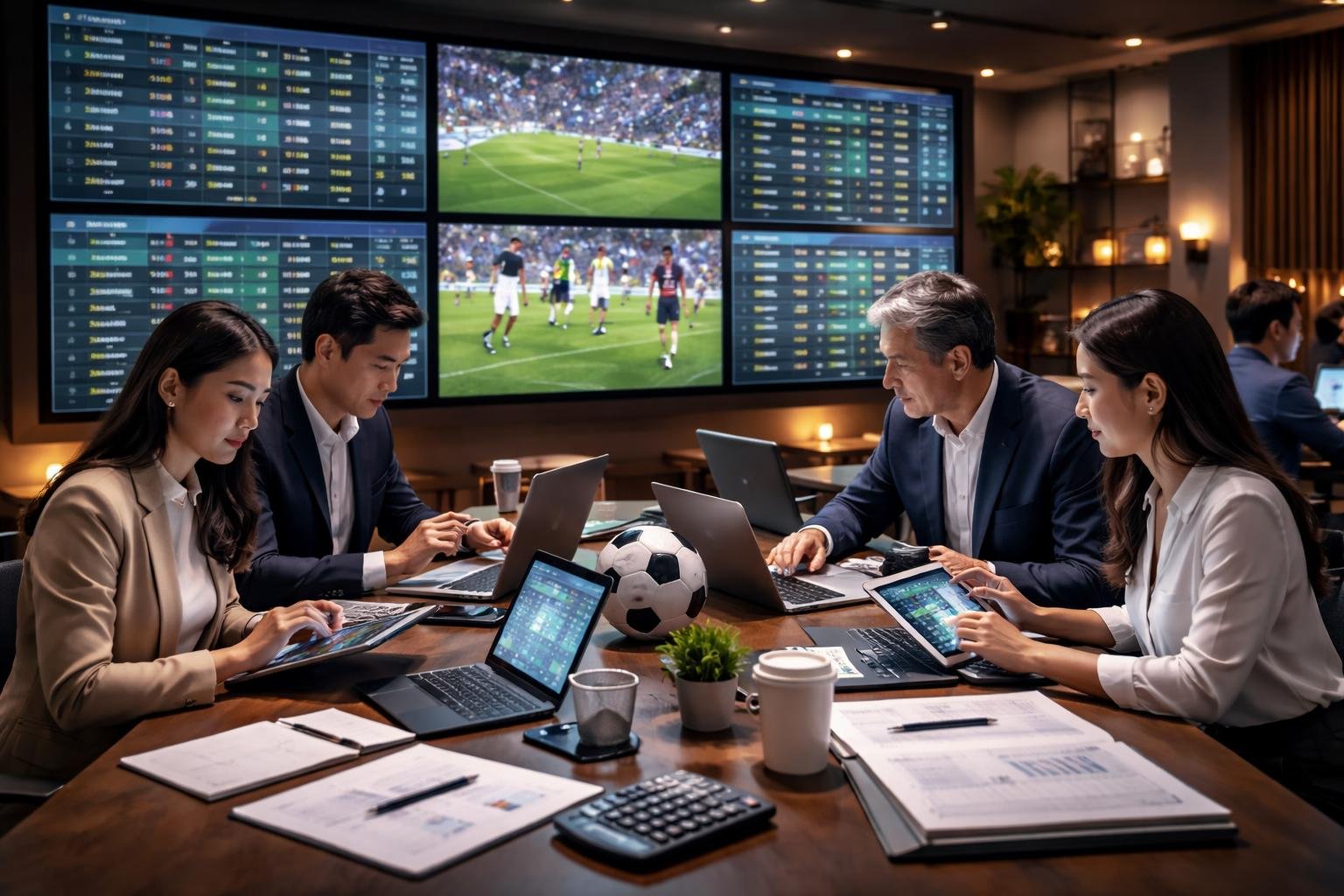 Beberapa orang sedang menganalisis data taruhan sepak bola di sebuah ruangan dengan layar besar yang menampilkan pertandingan dan peluang Asian Handicap.