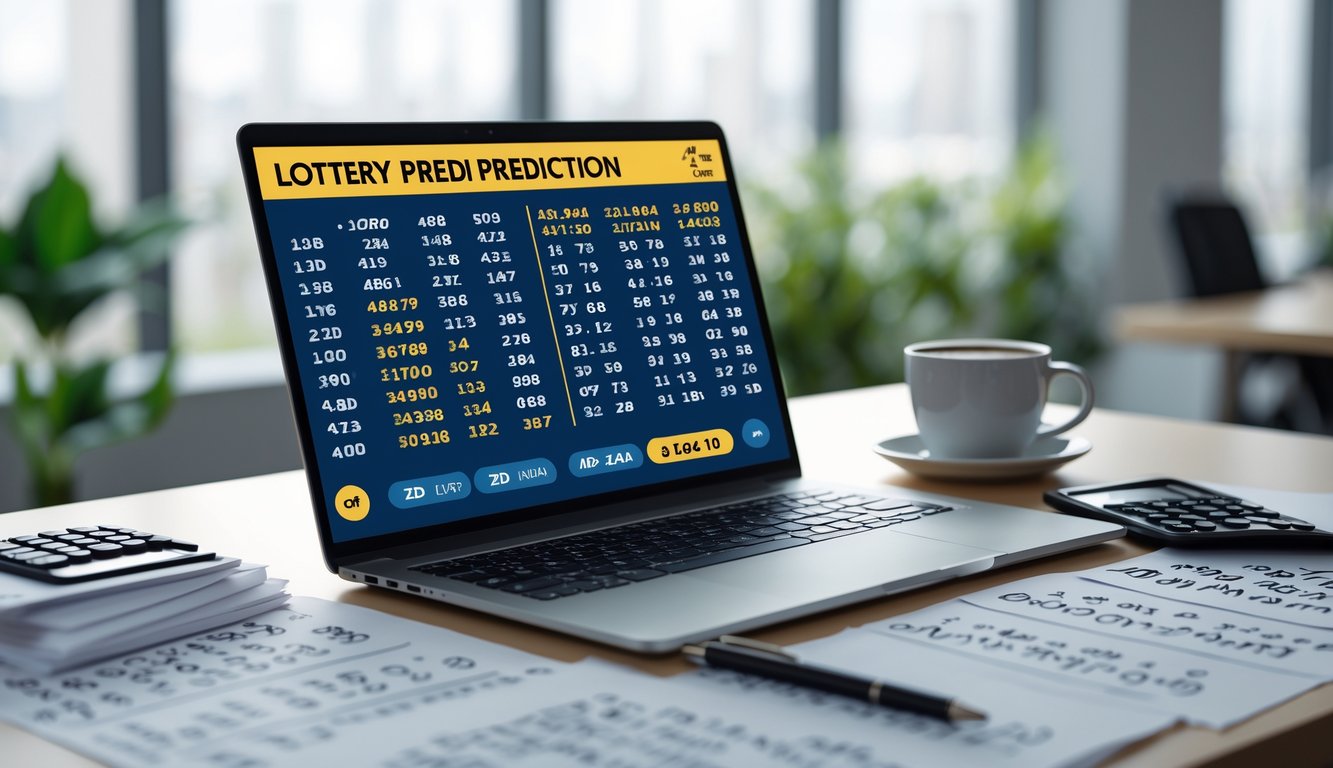 Meja kerja modern dengan laptop, kertas berisi angka dan kalkulator, suasana kantor dengan cahaya alami.