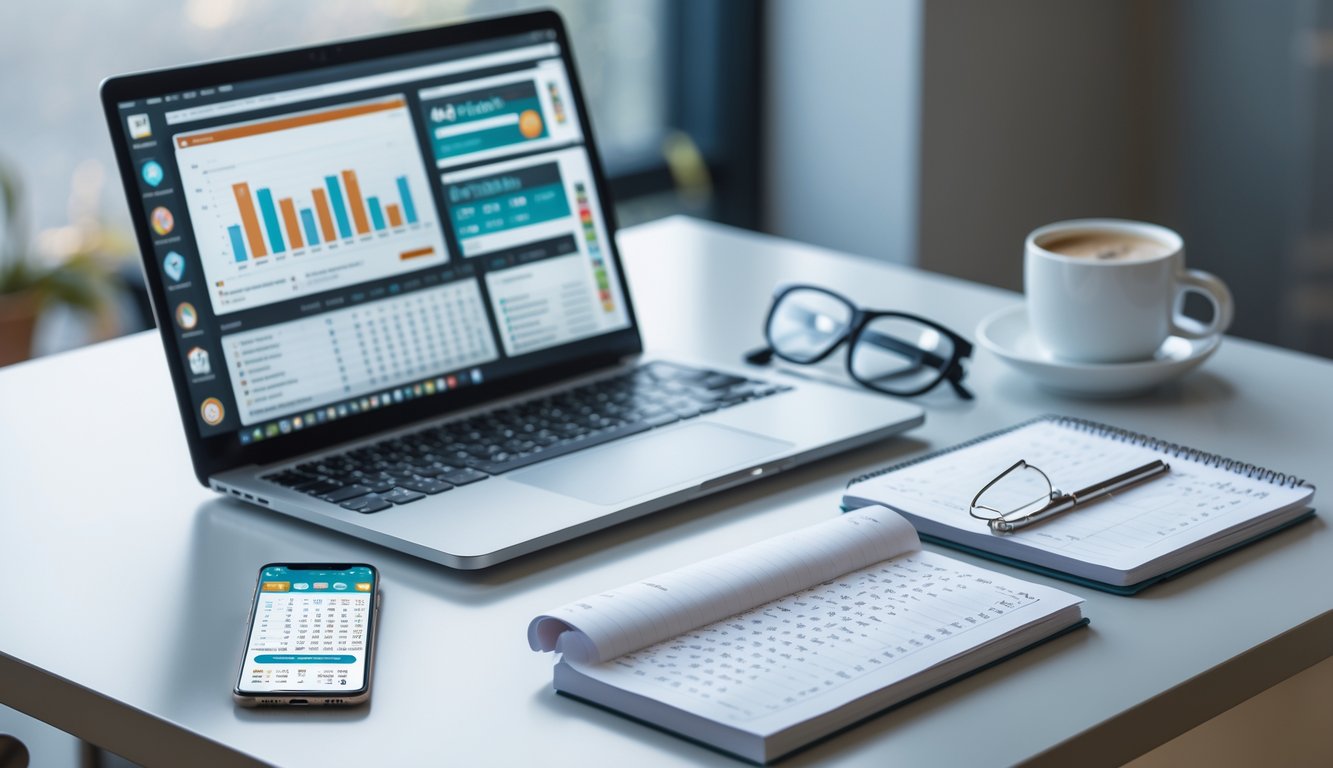 Meja kerja dengan laptop, catatan angka, dan ponsel yang menunjukkan aplikasi togel, suasana tenang dan fokus.