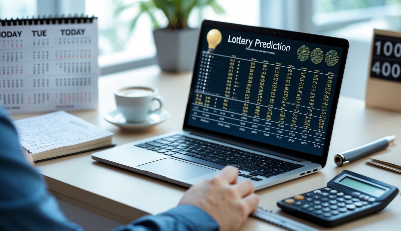 Meja kerja dengan laptop yang menampilkan data angka, buku catatan dengan perhitungan, kalkulator, dan secangkir kopi, menggambarkan suasana analisis prediksi togel hari ini.