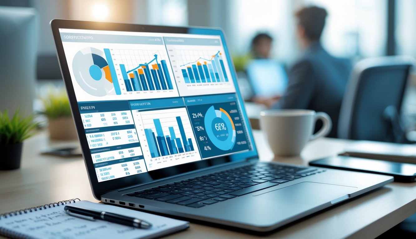 Sebuah meja kerja modern dengan laptop yang menampilkan grafik dan angka, notepad dengan catatan, kalkulator, dan cangkir kopi di lingkungan kantor yang tenang.