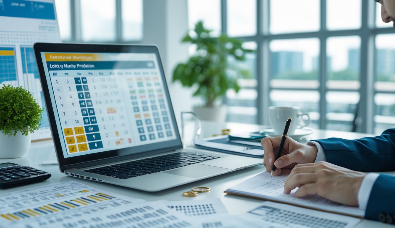 Seseorang sedang menganalisis data angka togel di meja kerja dengan laptop dan catatan di ruang kantor yang terang.