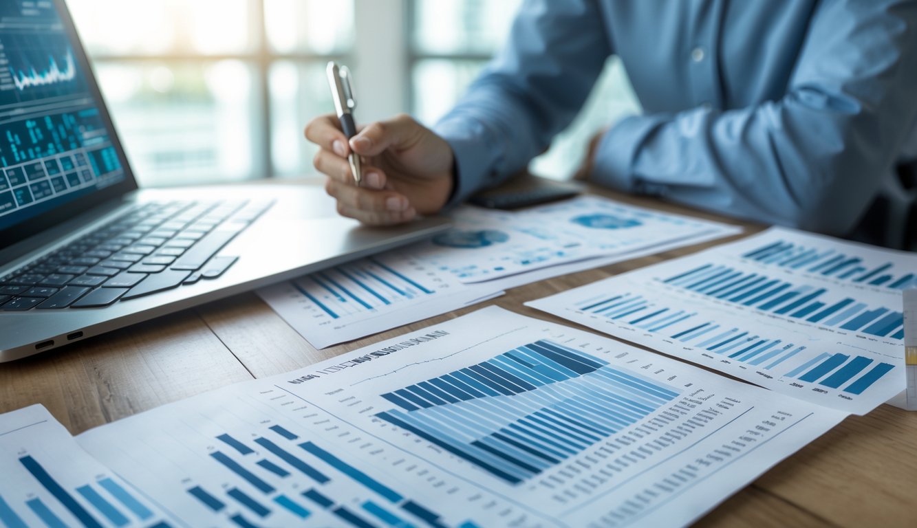 Meja kerja dengan laptop menampilkan grafik dan data angka, serta tangan seseorang menunjuk pada kertas berisi angka dan grafik.