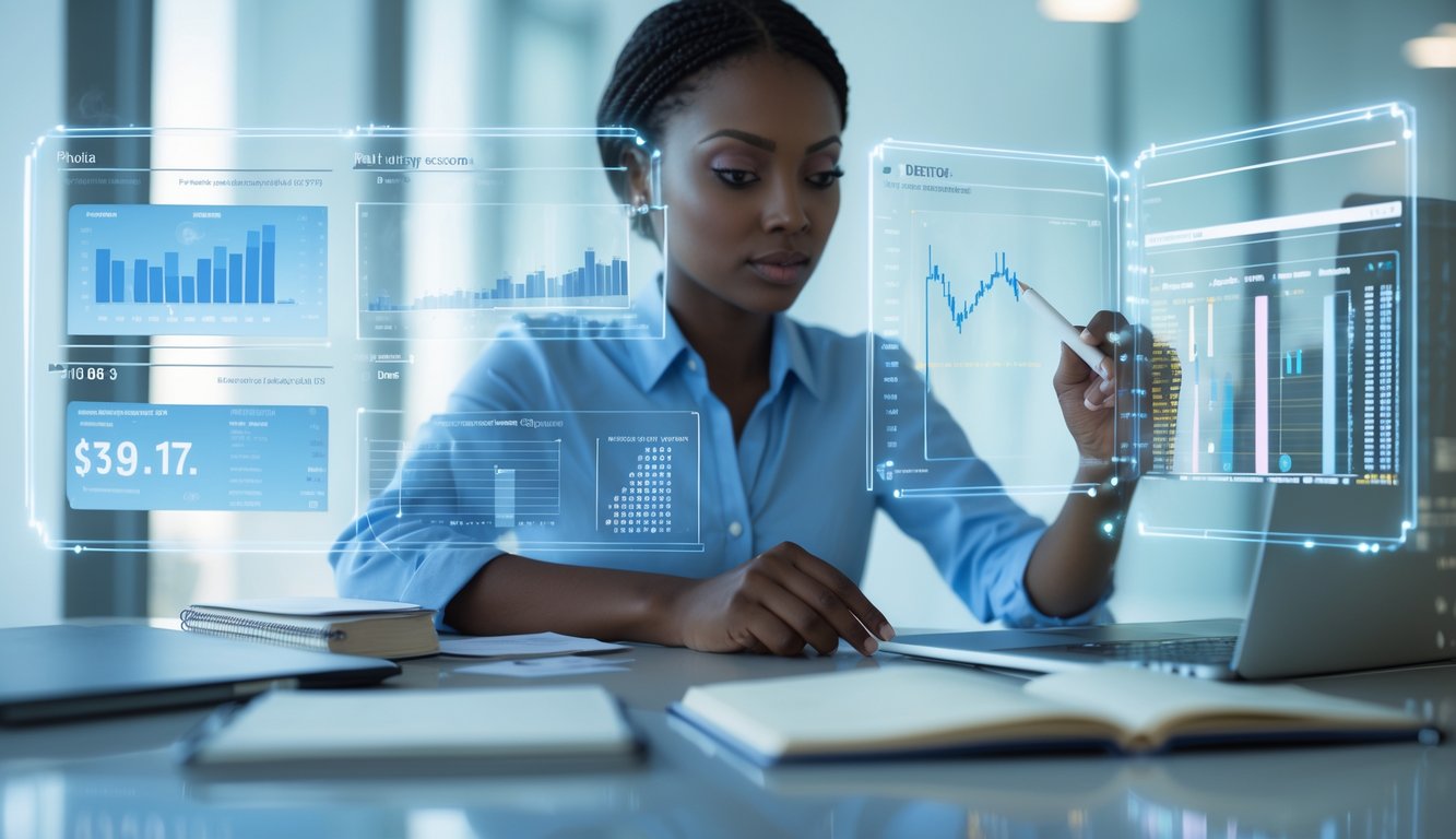 Seseorang yang fokus menganalisis data prediksi togel dengan layar digital dan grafik di kantor modern.