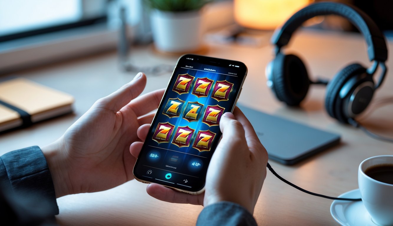 Seseorang menggunakan ponsel untuk bermain game slot online di meja dengan suasana santai.