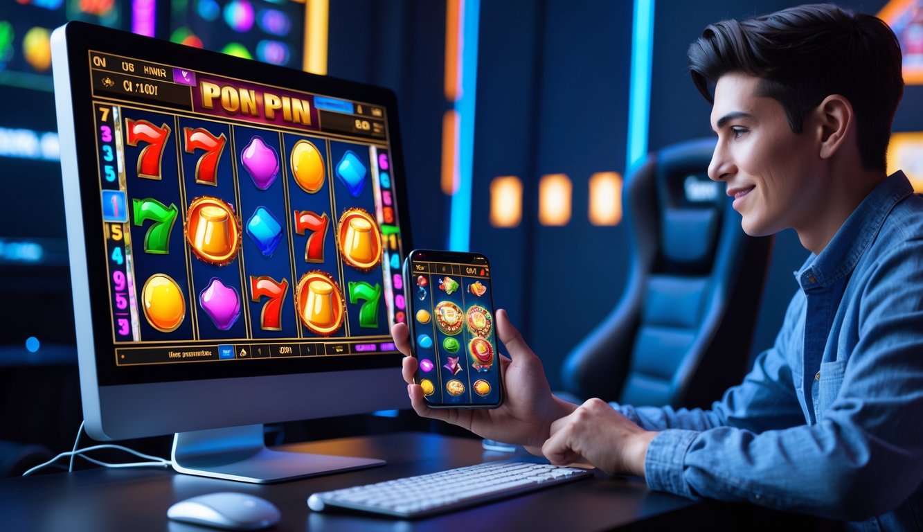 Seorang dewasa muda sedang menggunakan komputer dan ponsel untuk bermain mesin slot online dengan latar ruangan yang terang dan modern.