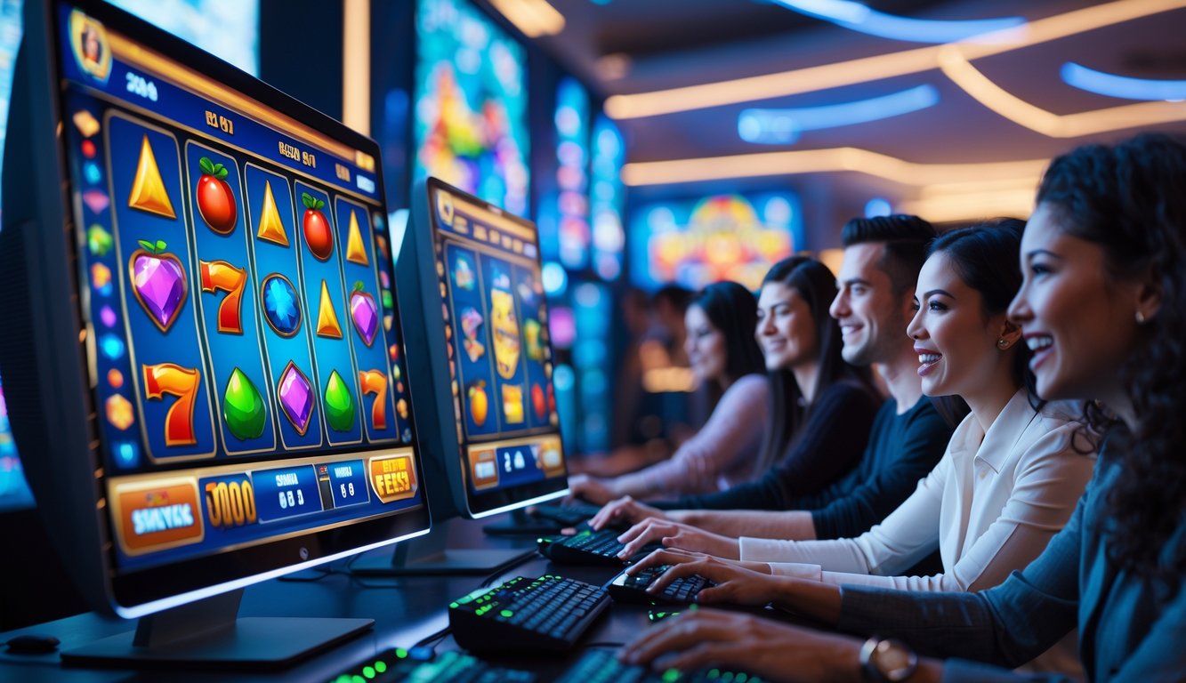 Beberapa pemain sedang bermain slot online dengan komputer modern di ruang permainan futuristik.