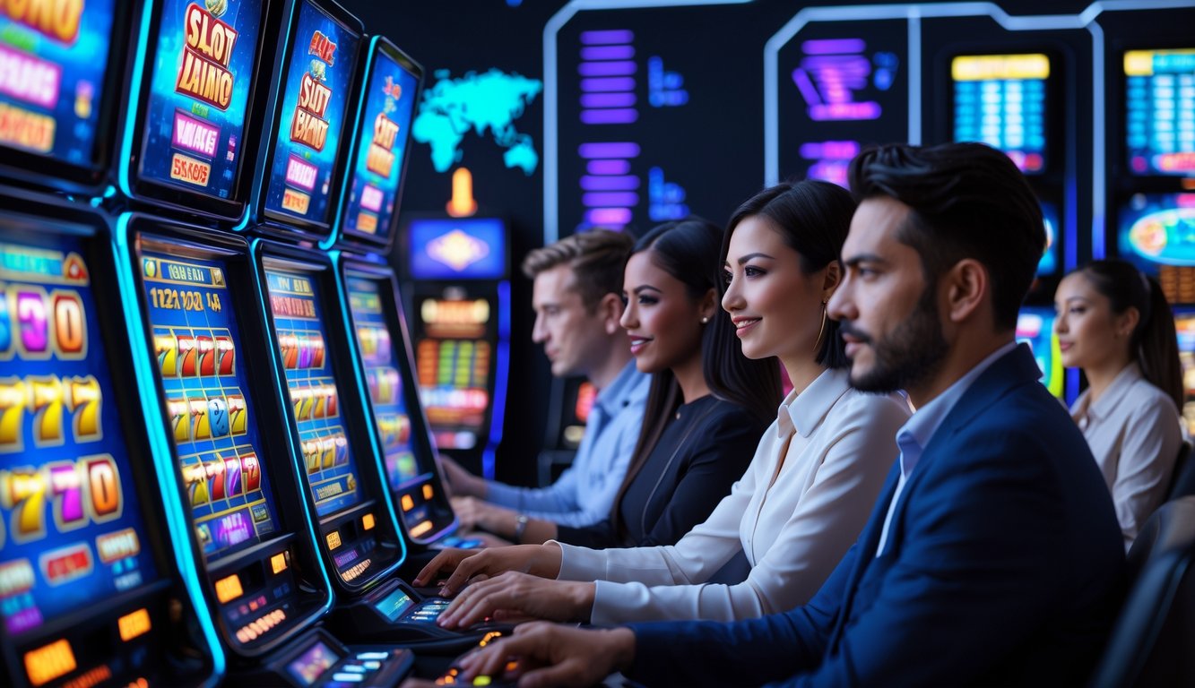 Beberapa orang bermain mesin slot online di ruang permainan modern dengan layar berwarna cerah dan suasana fokus.