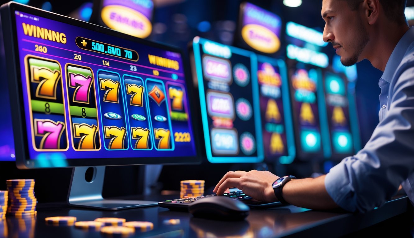 Seseorang sedang bermain slot online di depan beberapa layar komputer dengan grafik mesin slot yang cerah dan elemen kasino di sekitarnya.