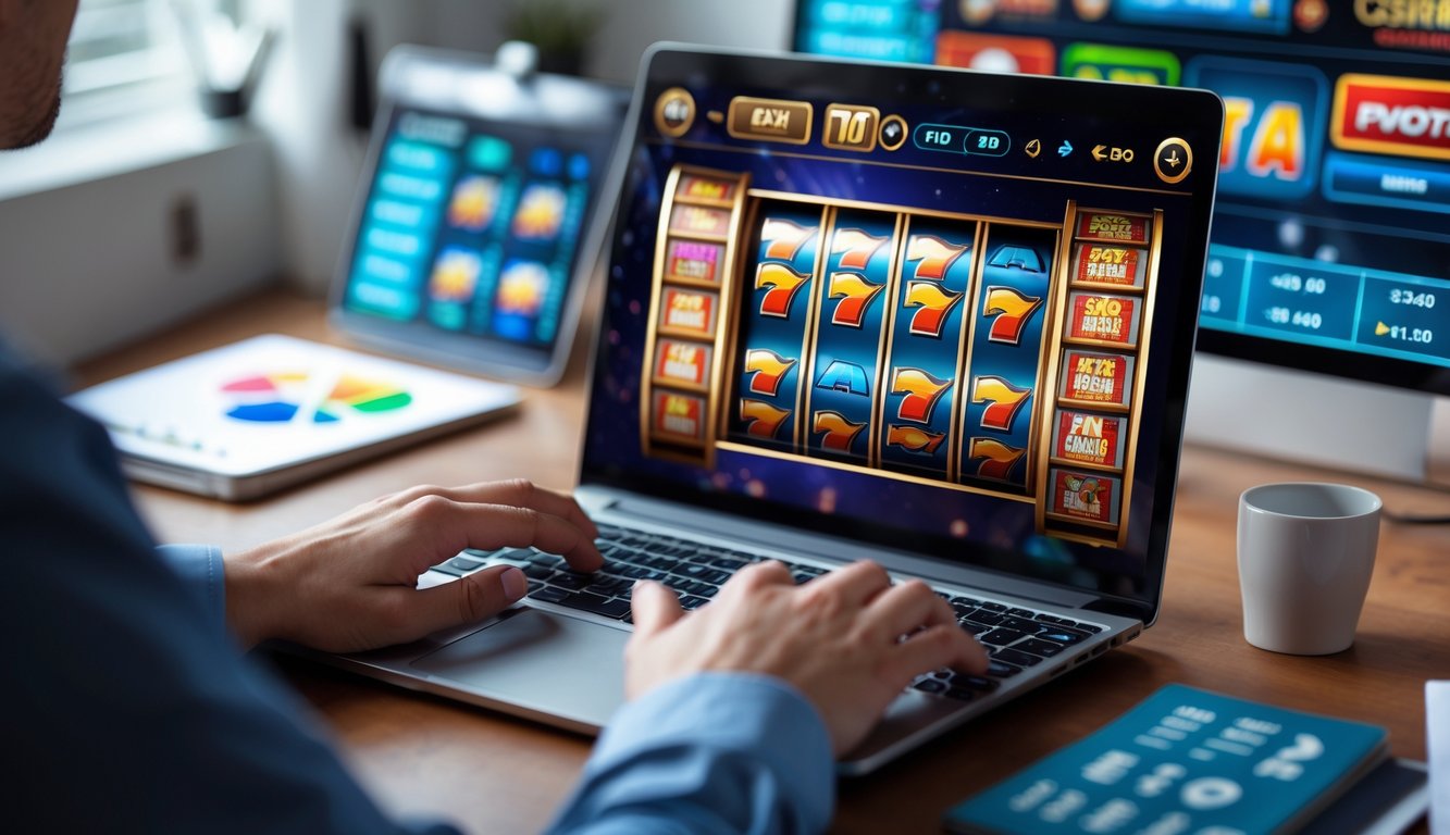 Seorang pengguna sedang bermain slot online di laptop dengan tampilan game slot berwarna-warni dan suasana kerja yang fokus.
