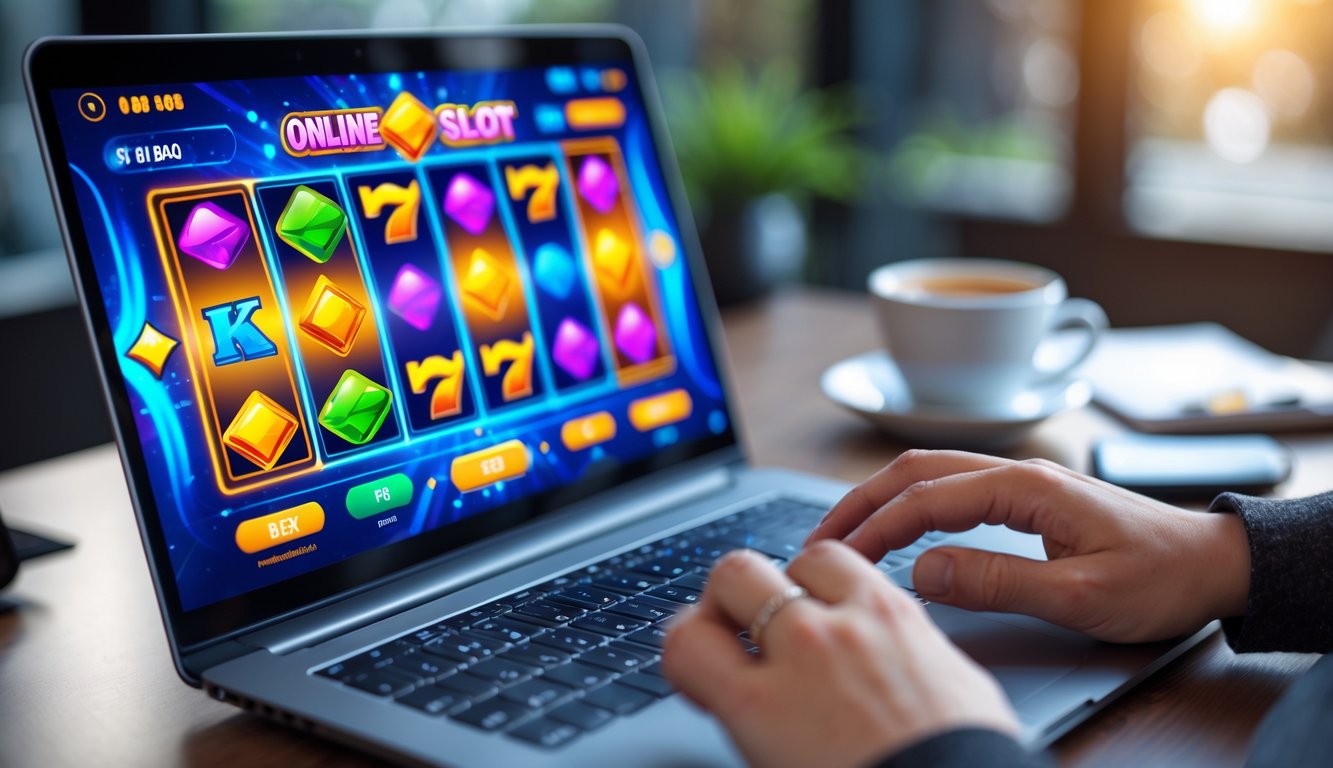 Seorang pemain sedang menggunakan komputer dengan tampilan permainan slot online yang berwarna-warni, menunjukkan suasana bermain yang fokus dan menarik.