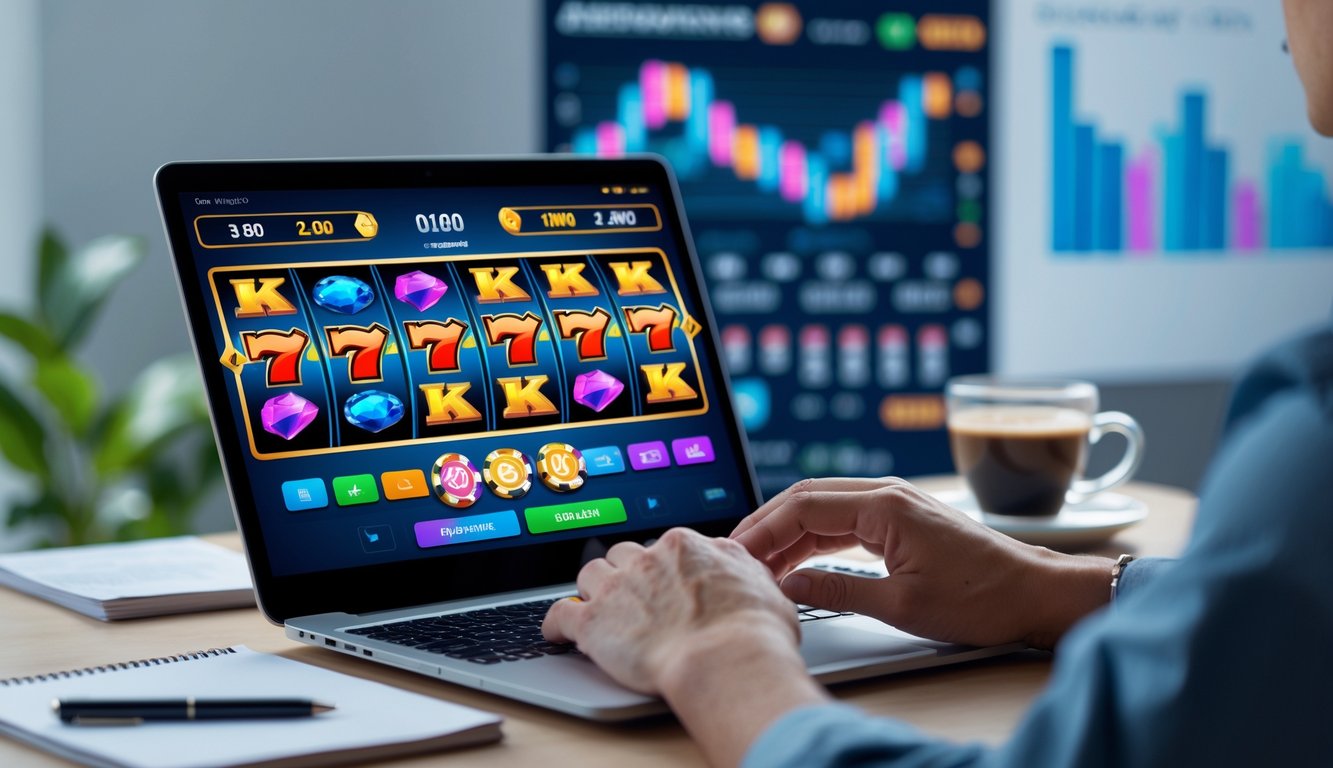 Seseorang menggunakan laptop dengan tampilan permainan slot online dan grafik pola di latar belakang di sebuah meja kerja yang rapi.