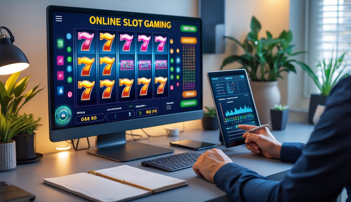 Seseorang sedang menganalisis data slot online di meja kerja dengan komputer dan tablet di ruang kerja yang nyaman.