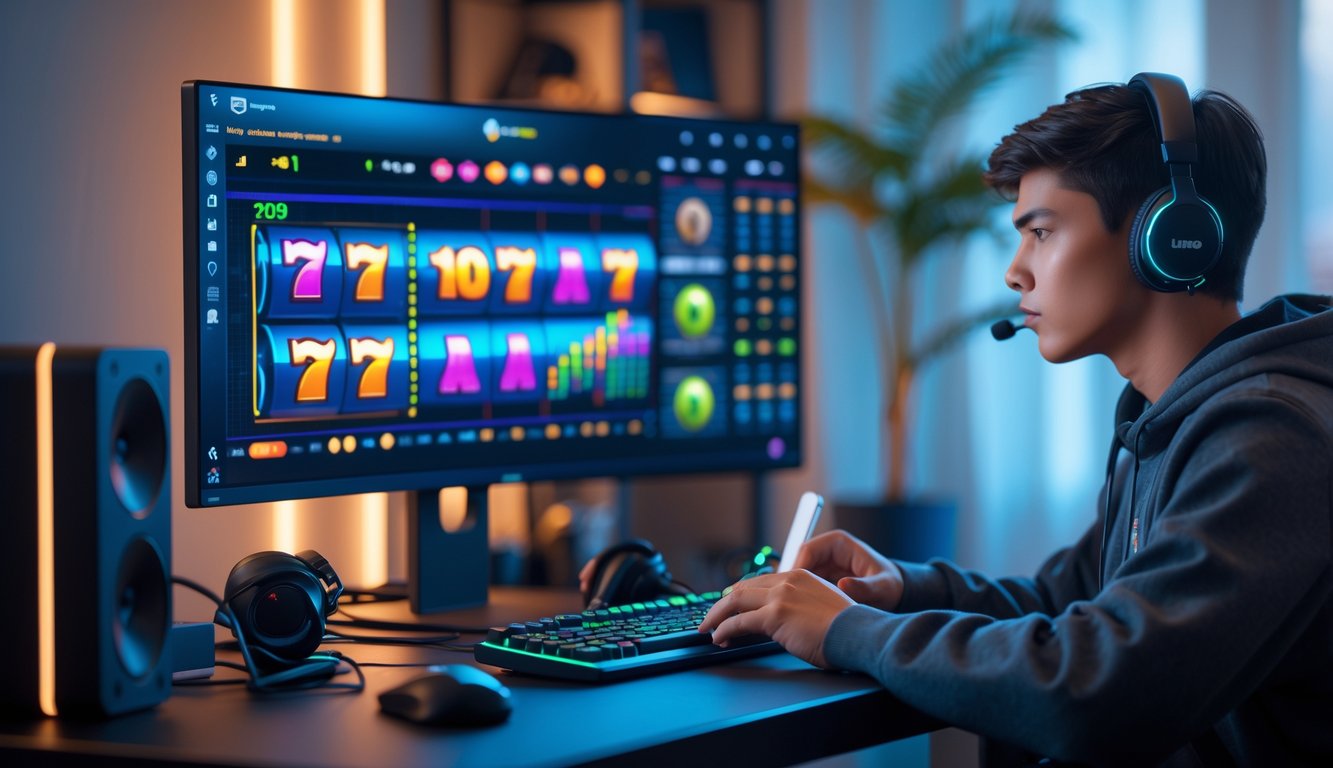 Seseorang duduk di depan komputer dengan tampilan permainan slot online dan grafik strategi di layar, di ruangan yang nyaman dan terang.