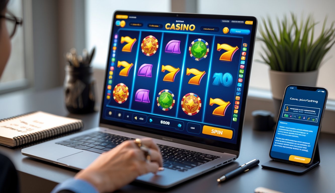 Seorang pemula sedang belajar bermain slot online dengan komputer yang menampilkan permainan slot dan catatan strategi di meja.