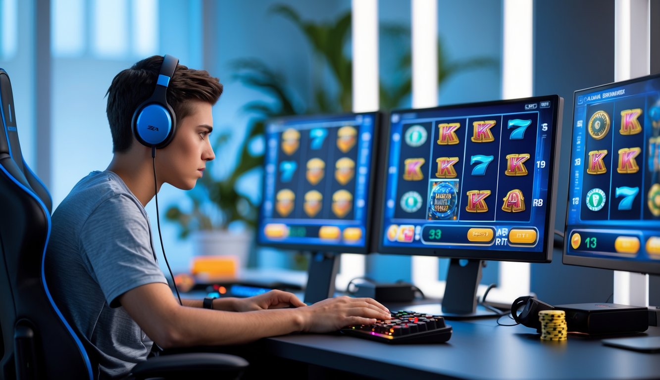 Seorang pemuda duduk di meja gaming dengan beberapa layar komputer menampilkan mesin slot digital, fokus menganalisis pola permainan dalam ruangan modern.